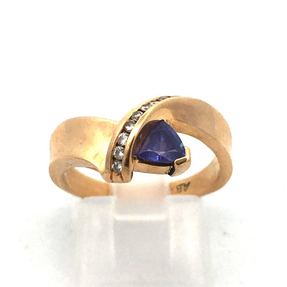 14k Yellow Gold Trillion Tanzanite Diamond Modernist Bypass Cocktail Ring
