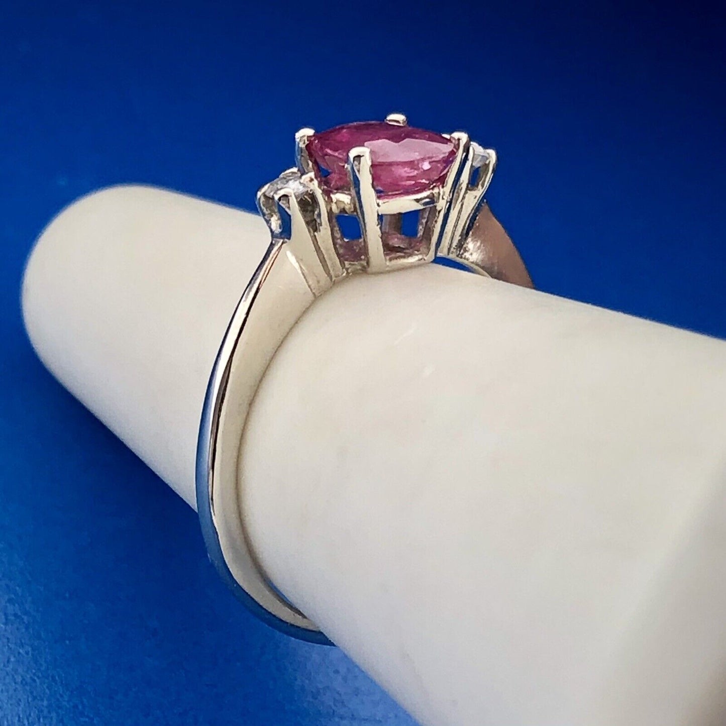 Vintage 14K White Gold Oval Ruby Solitaire Diamond Accent July Anniversary Ring