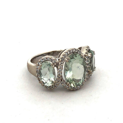 Designer SGC 14K White Gold Oval Green Amethyst Trio Diamond Halo Statement Ring