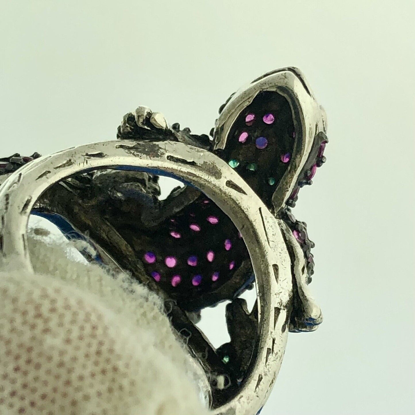 Unusual 925 Sterling Silver Ruby Emerald Gila Monster Lizard Statement Ring