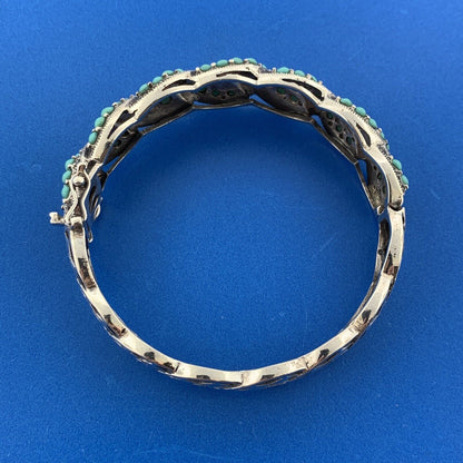 Sterling Silver 925 Turquoise Marcasite Dual Spiral 7" Hinged Cuff Bracelet