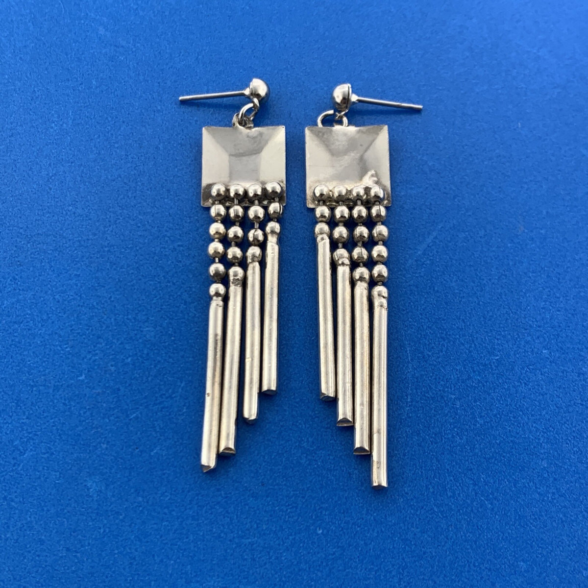 Stunning Silver Toned Metal Square Swinging Rods Stud Dangle Earrings