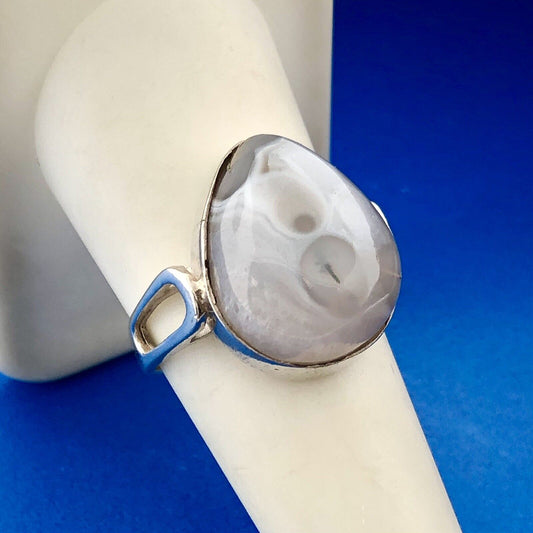 Retro 925 Sterling Silver Pear Cabochon Banded White Gray Agate Statement Ring