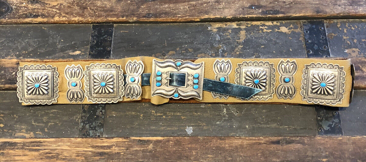 Susie James Navajo 925 Sterling Silver Leather Turquoise Concho Statement Belt