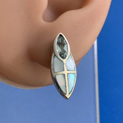 Designer 925 Sterling Silver Blue Topaz Blue Mother of Pearl Inlay Stud Earrings