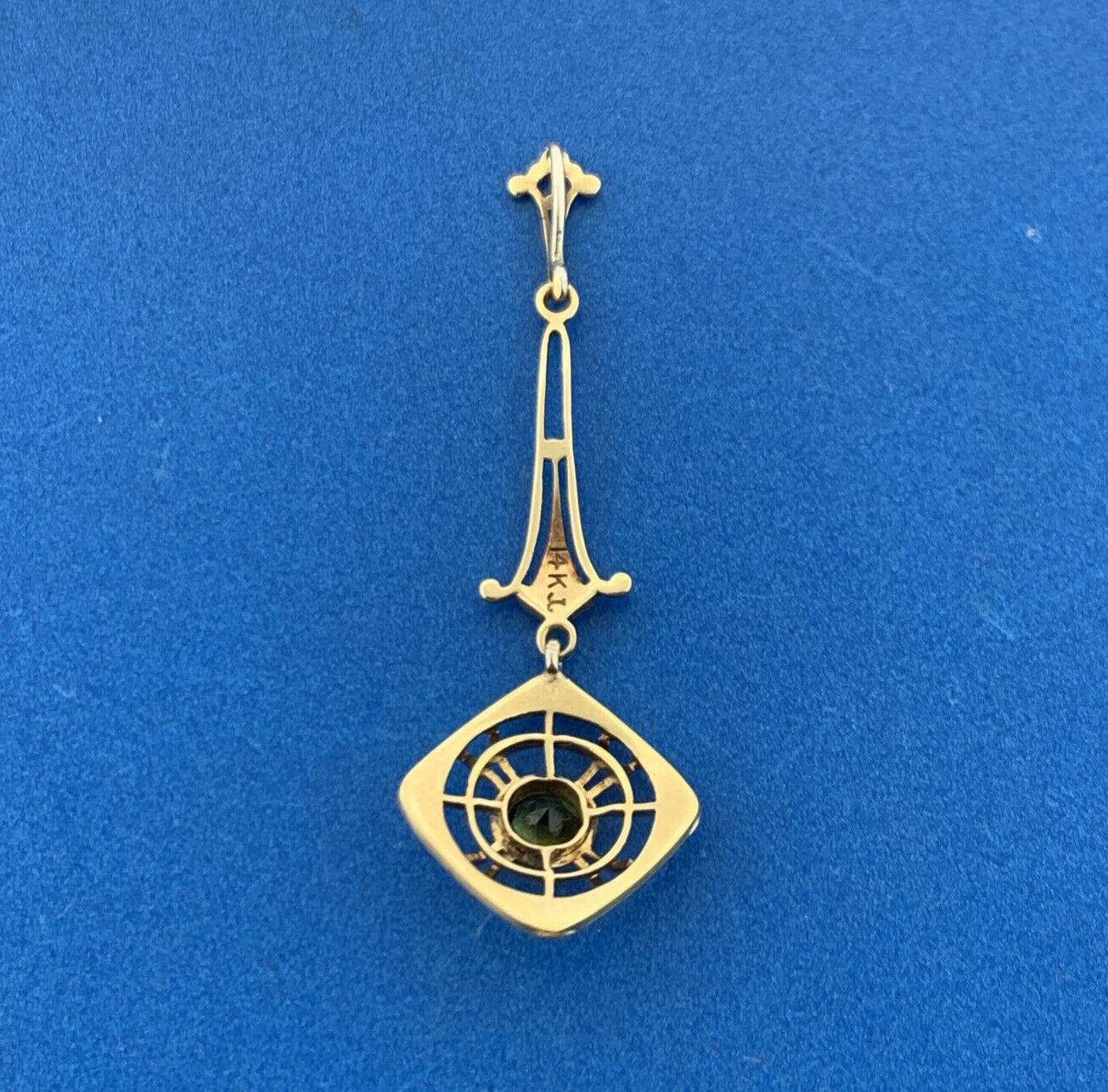 Art Deco 14K White Gold Peridot August Anniversary Filigree Scroll Drop Pendant