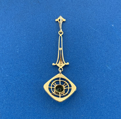 Art Deco 14K White Gold Peridot August Anniversary Filigree Scroll Drop Pendant
