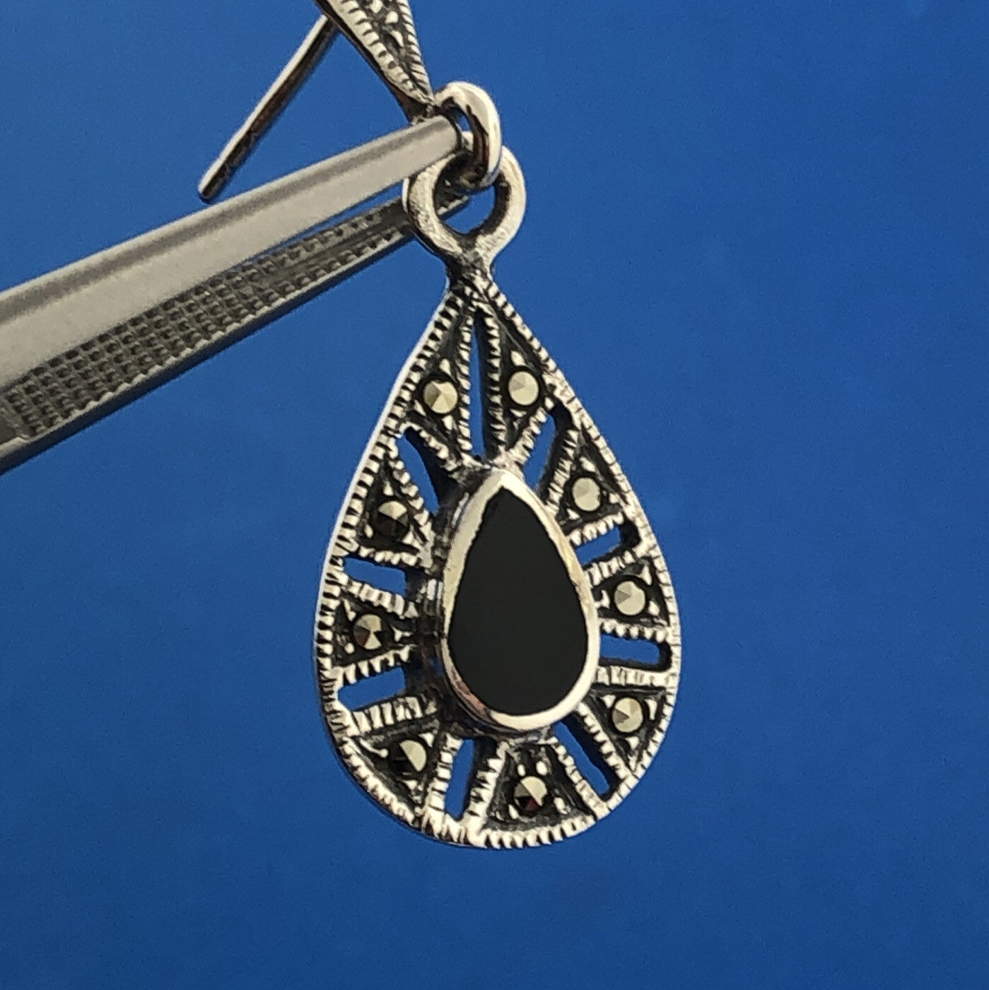 925 Sterling Silver Pear Black Onyx Marcasite Halo Drop Dangle Earrings