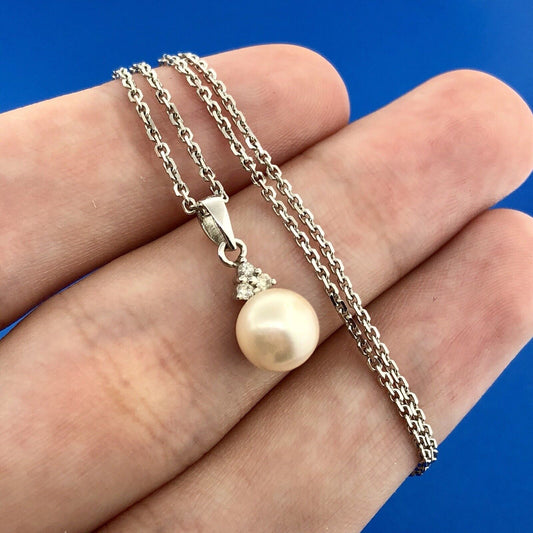 Designer 14K White Gold Pearl Diamond Wedding Anniversary Sweetheart Necklace