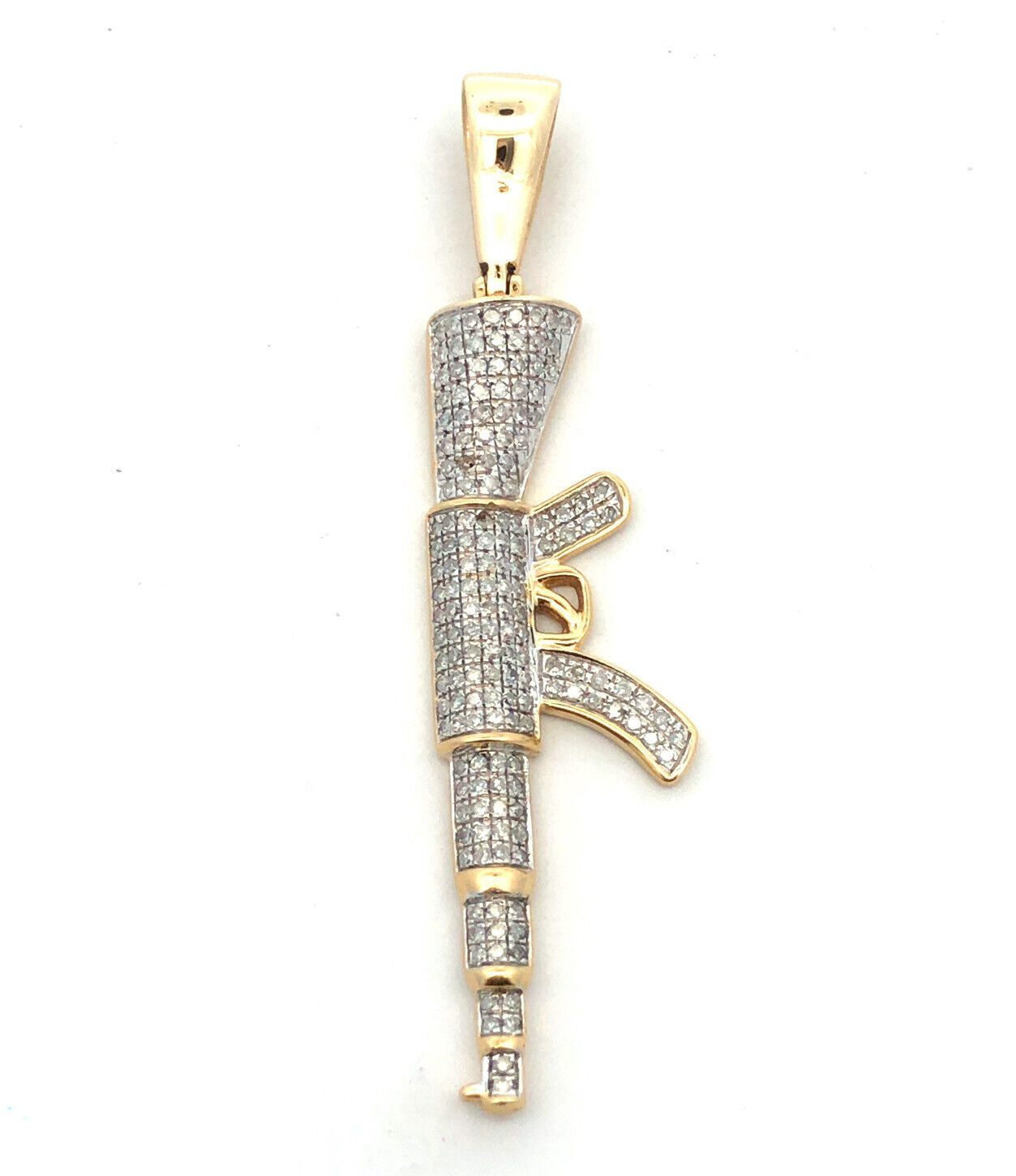 14K Yellow Gold Pave Diamond Rifle Machine Gun Firearm Statement Pendant