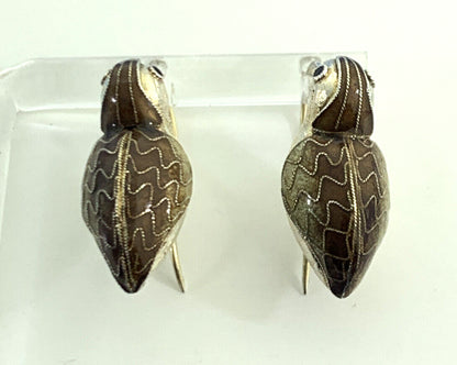 Antique Silver Cloisonne Enamel Quail Bird Dangle Hook Earrings