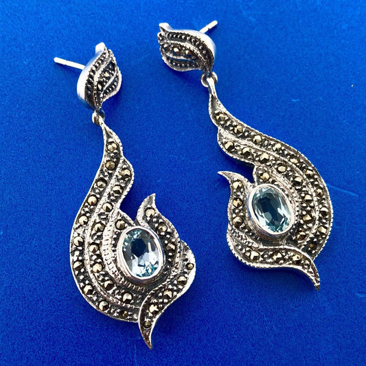 Vintage 925 Sterling Silver Blue Topaz Marcasite Statement Drop Dangle Earrings