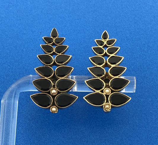 Vintage 14k Yellow Gold Onyx Inlay Seed Pearl Fern Leaf Screw Back Earrings