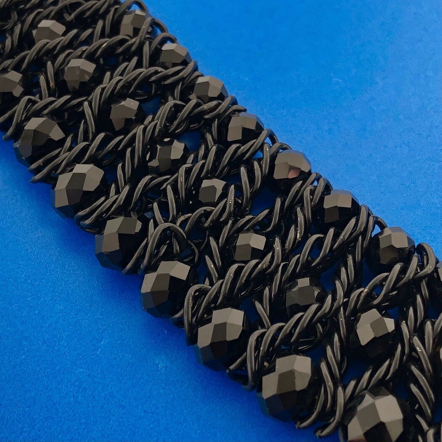 Mid Century Black Toned Carved Beaded Black Jet Woven Statement Necklace Bib
