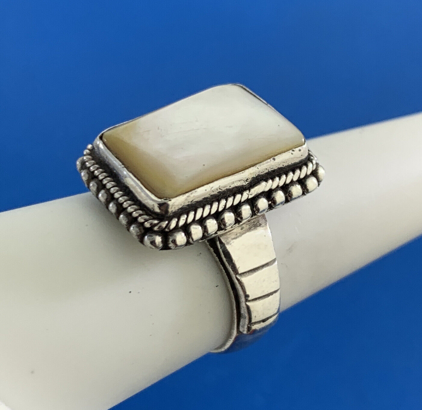 Vintage Mother of Pearl 925 Sterling Silver Rectangle Statement Ring