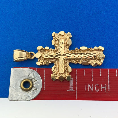 Retro 14K Yellow Gold Nugget Diamond Cut Cross Religious Communion Pendant