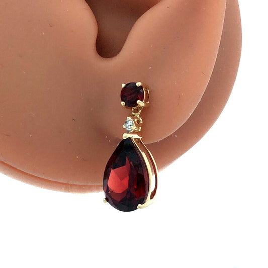 Designer AV 14K Yellow Gold Pear Cut Red Garnet Diamond Dangle Stud Earrings