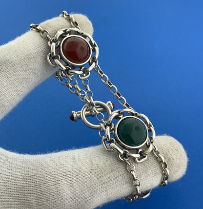 Vintage Italy Sterling Silver Red Carnelian Green Onyx Floral Toggle Bracelet