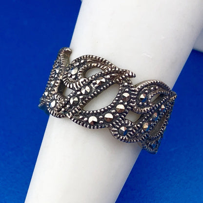 Designer Thailand 925 Sterling Silver Marcasite Cut Out D Scroll Cigar Band Ring