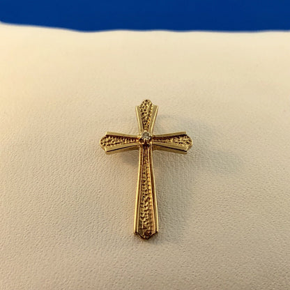 Classic 14K Yellow Gold Diamond Textured Polished Cross Easter Communion Pendant
