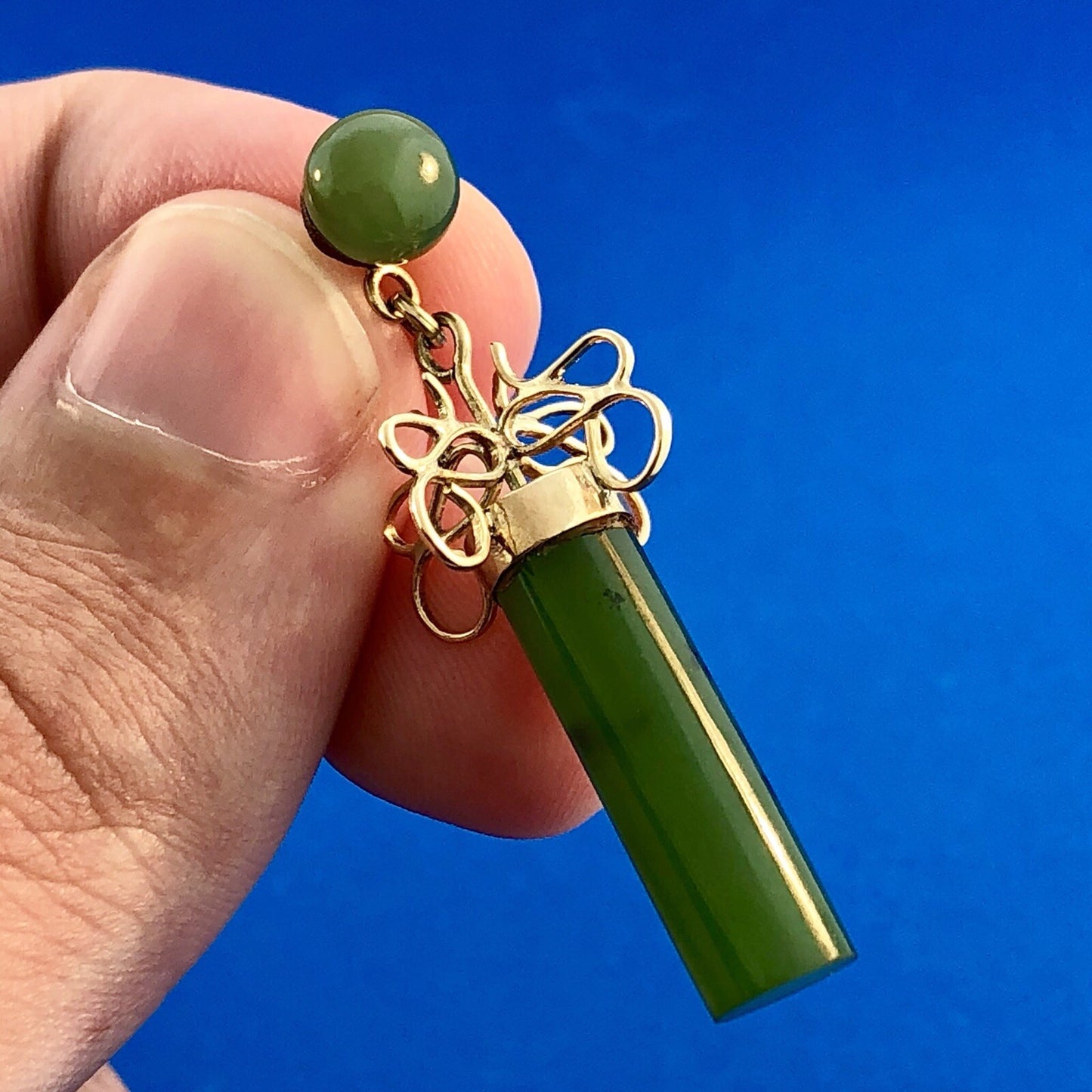 Vintage 14k Yellow Gold Jade Jadeite Modernist Drop Dangle Earrings