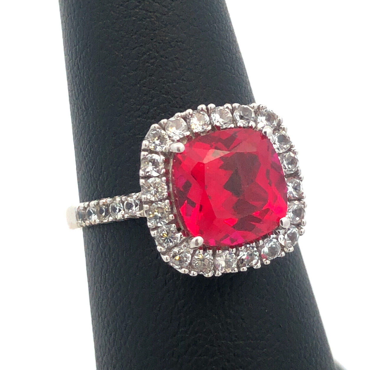 10k White Gold Lab Created Ruby Diamond Halo Engagement Anniversary Ring