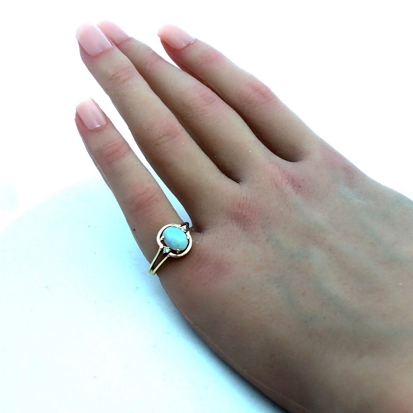 Designer JCE 10K Yellow Gold Oval White Opal Diamond October Birthstone Ring