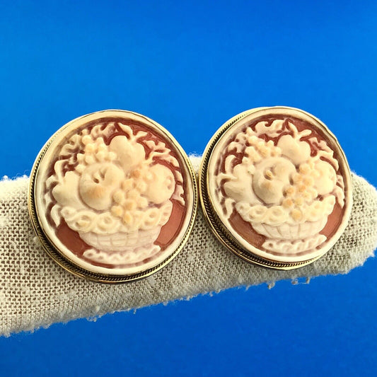 Italy 18K Yellow Gold Cameo Carved Shell Fruit Basket Cameo Stud Earrings