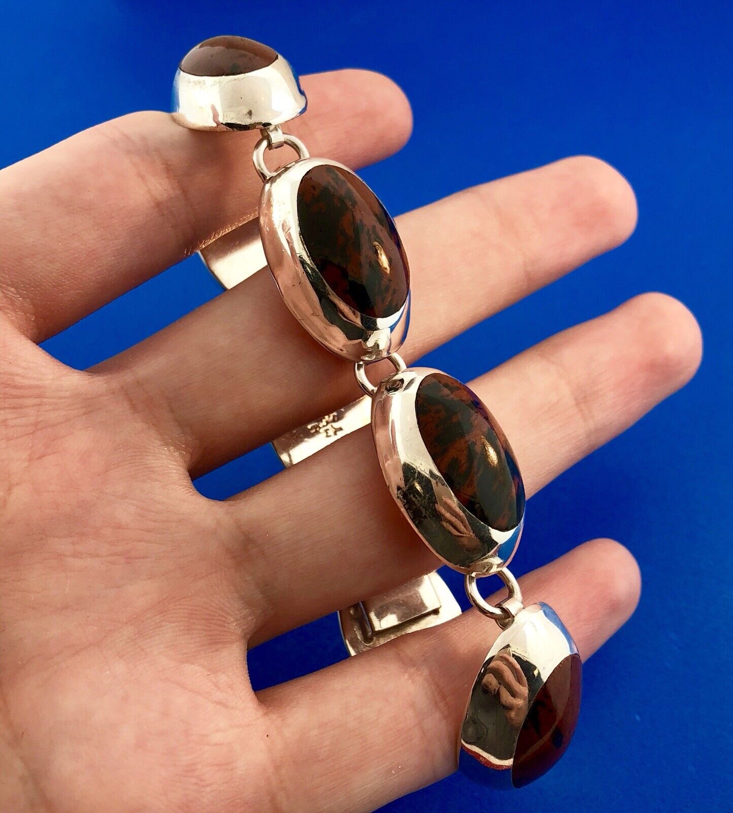 Taxco Mexico 925 Sterling Silver Oval Mahogany Obsidian Cabochon Panel Bracelet