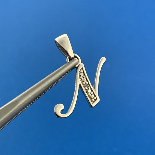 Designer 925 Sterling Silver Diamond N Initial Script Monogram Pendant Charm