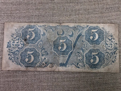 1863 $5 Confederate States of America April 6 Richmond Civil War Era Note T-60