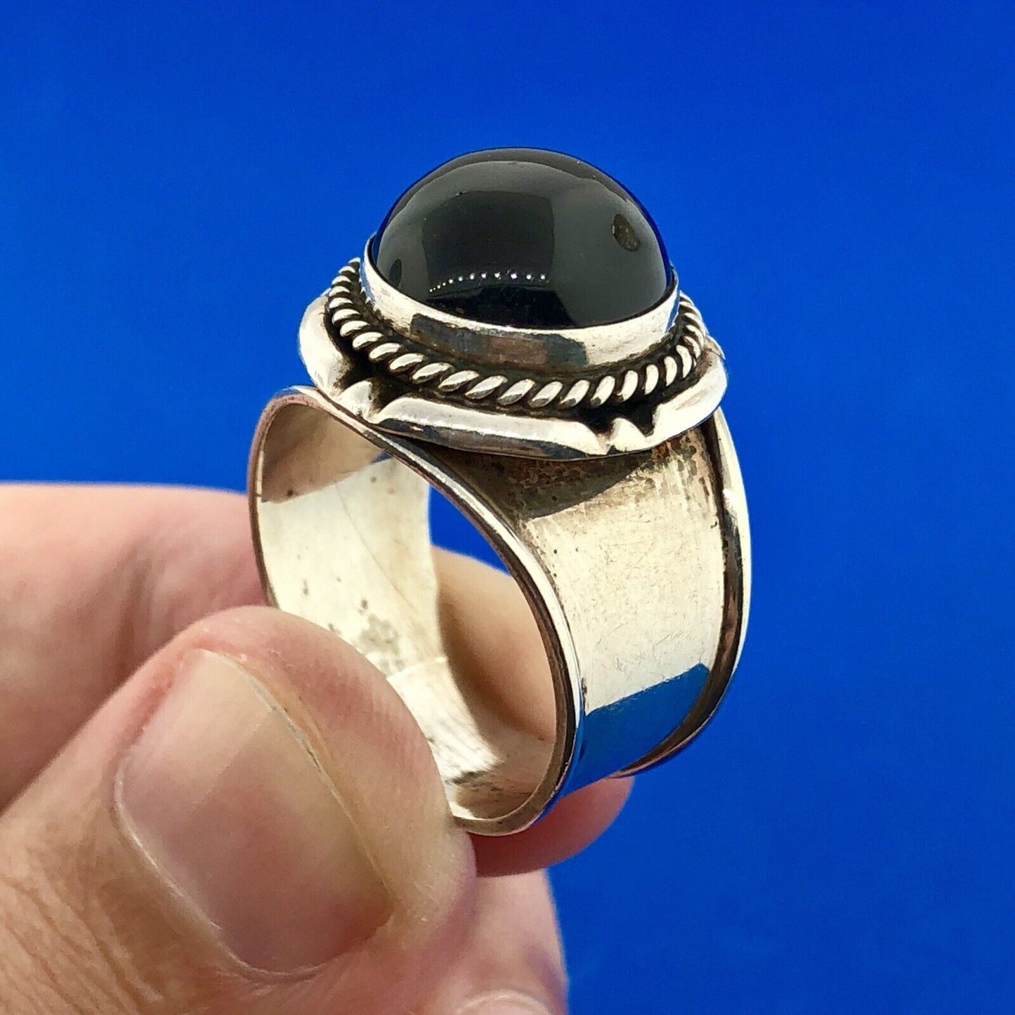 Designer Sterling Silver 925 Black Onyx Concho Style Wide Cigar Band Dome Ring