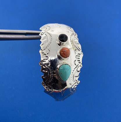 Designer 925 Sterling Silver Turquoise Coral Onyx Cocho Style Half Hoop Earrings