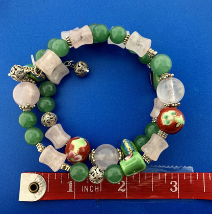 Sterling Silver Green Lavender Jade Ceramic Cloisonne Bead Three Wrap Bracelet