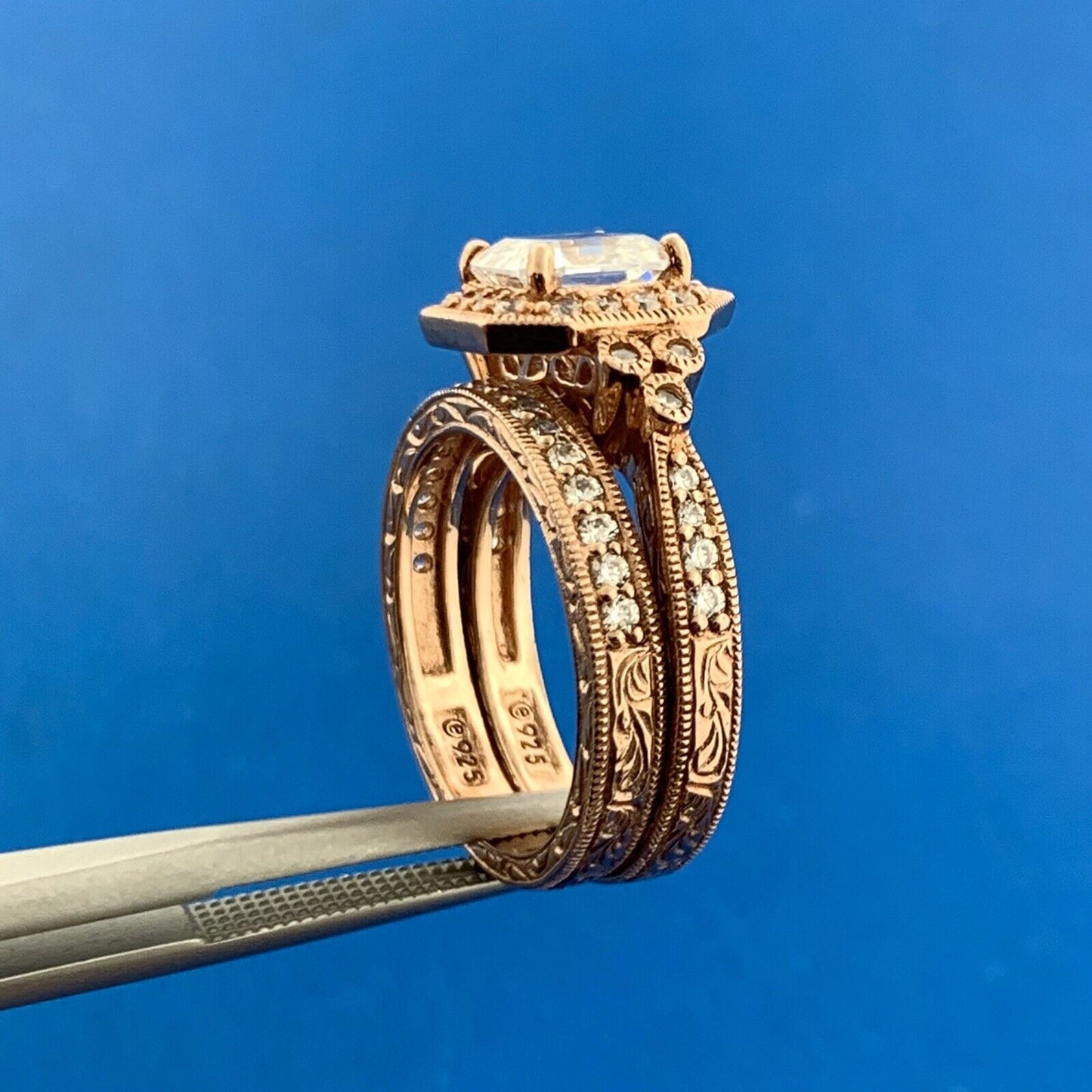 Designer 925 Sterling Silver Rose Gold Vermeil Cubic Zirconia Halo Bridal Set