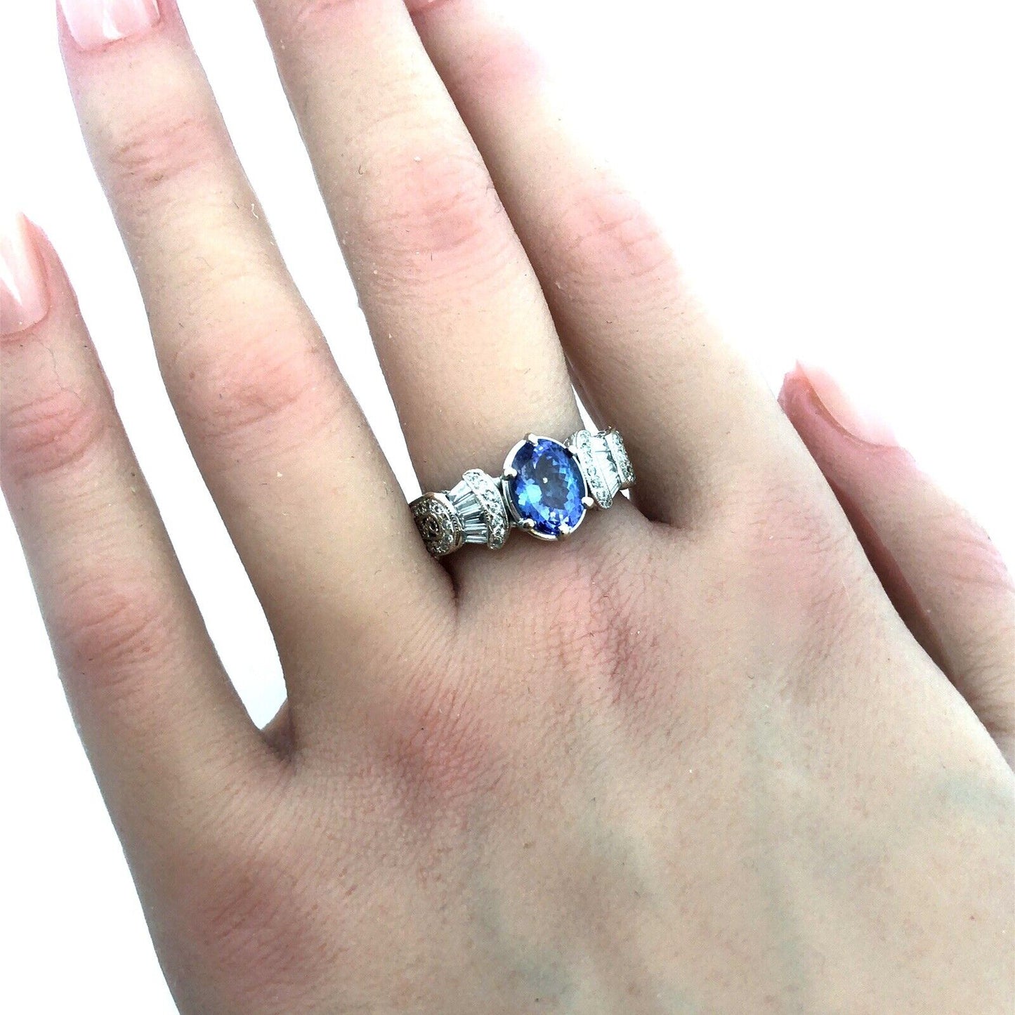 Designer 18K White Gold Oval Tanzanite Solitaire Diamond Accent Cocktail Ring