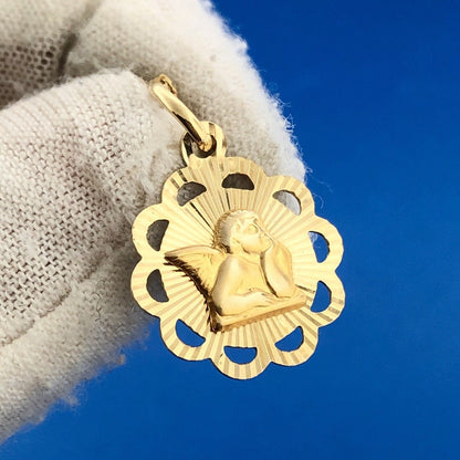 Designer Milor Italy 14K Yellow Gold Guardian Angel Sunburst Disc Necklace