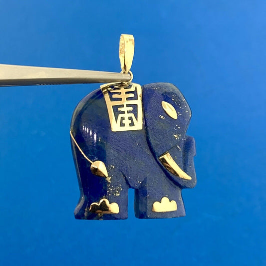 Designer 14K Yellow Gold Lapis Lazuli Chinese Character Elephant Pendant