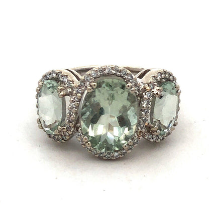 Designer SGC 14K White Gold Oval Green Amethyst Trio Diamond Halo Statement Ring
