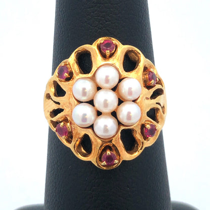 Vintage 18k Yellow Gold Pearl Cluster Ring with Ruby Accents