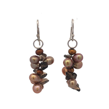Designer 925 Sterling Silver Pearl Smoky Topaz Cluster Dangle Drop Hook Earrings