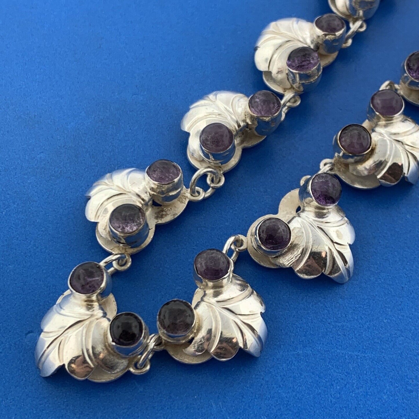 Mid Century 925 Sterling Silver Amethyst Grape Vine Statement Collar Necklace