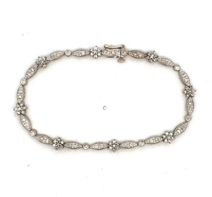 Designer 14K White Gold Round Diamond Flower Floral Textured Tennis Bracelet