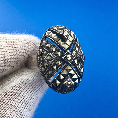 Stunning Sterling Silver 925 Marcasite Layered Cluster Oval Ring Size 7