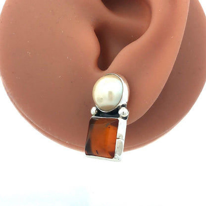 Vintage 925 Sterling Silver Round Pearl Square Amber Drop Stud Earrings