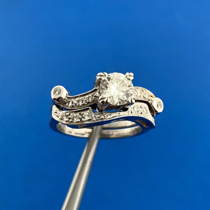 Art Deco 14K White Gold Diamond Solitaire w/Accents Interlocking Bridal Set