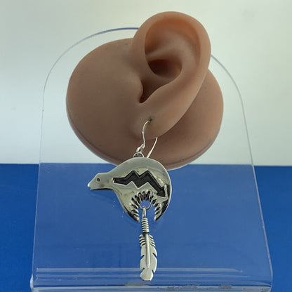 Native American Sterling Silver Concho Bear Feather Drop Storyteller Earrings