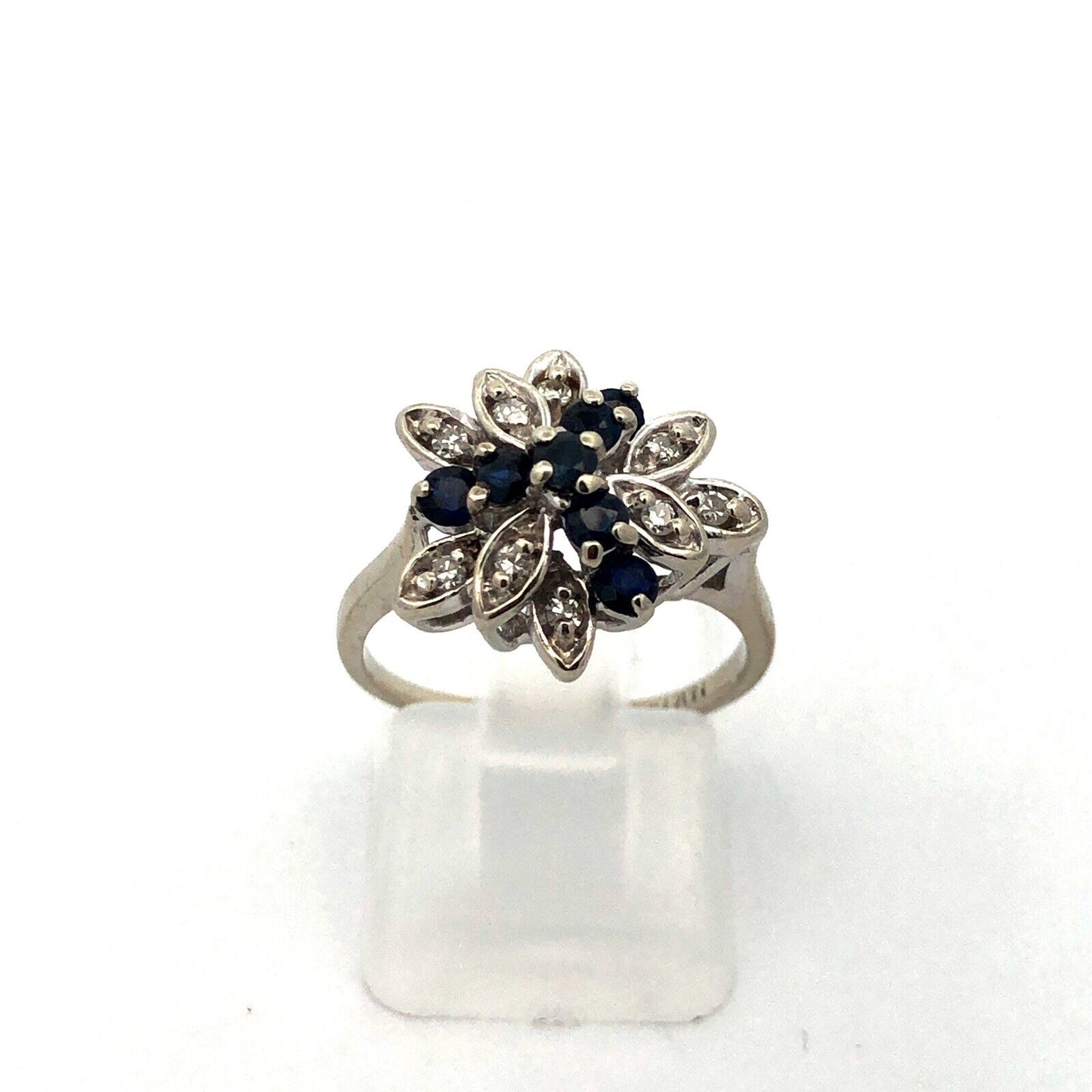 Designer 14K White Gold Sapphire Diamond Leaf Cluster Cocktail Ring