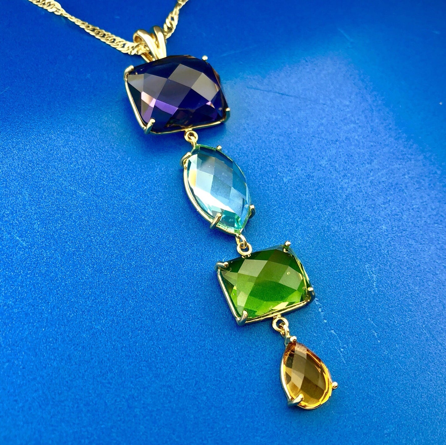 ATHRA 14K Gold Plated Purple Blue Green Orange Cubic Zirconia Drop Necklace NWT