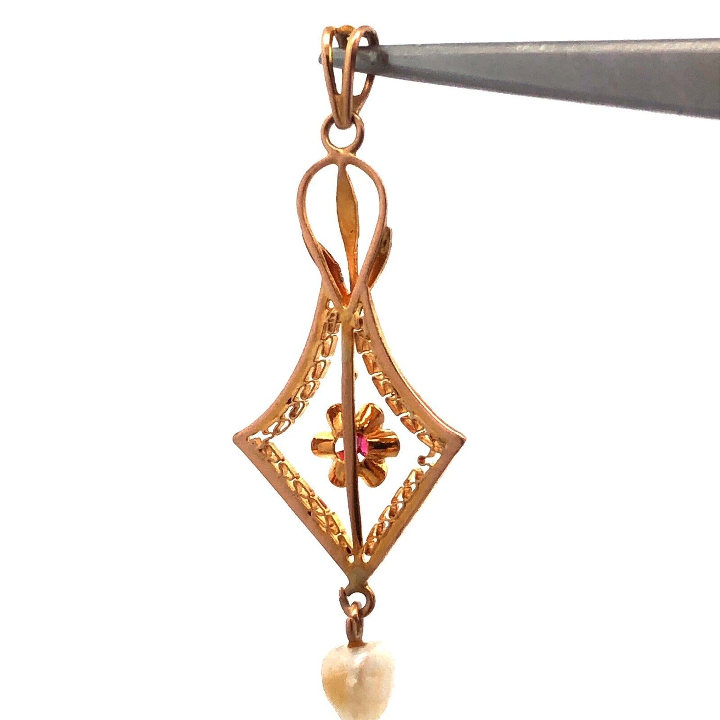 Lovely 10k Yellow Gold Round Cut Ruby and Pearl Cutout Floral Pendant